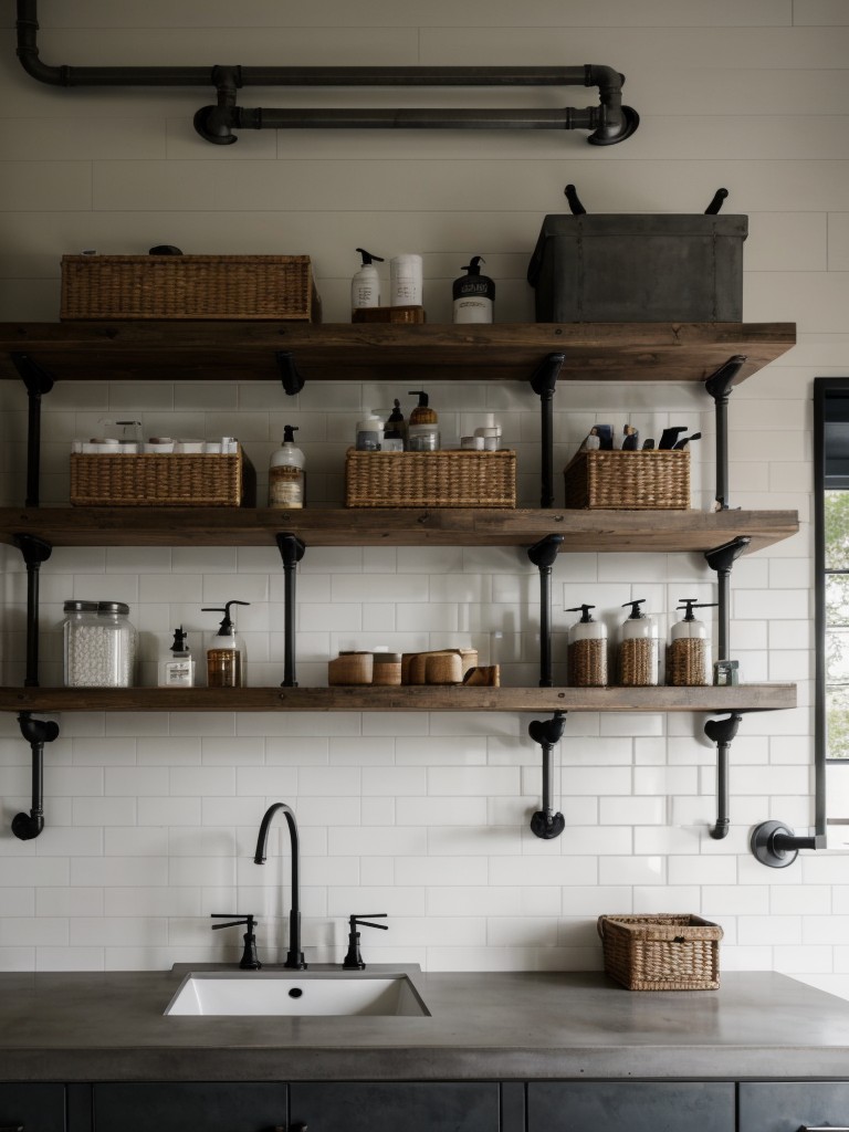 industrial-bathroom-ideas-exposed-pipes-concrete-countertops-metal-shelving