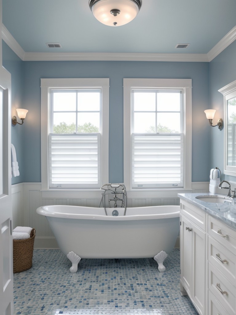 nautical-themed-bathroom-ideas-blue-white-color-scheme-seashell-accents