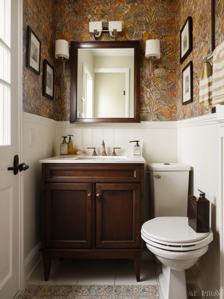 eclectic-bathroom-ideas-mix-patterns-bold-colors-showcasing-statement-wallpaper-antique-vanity