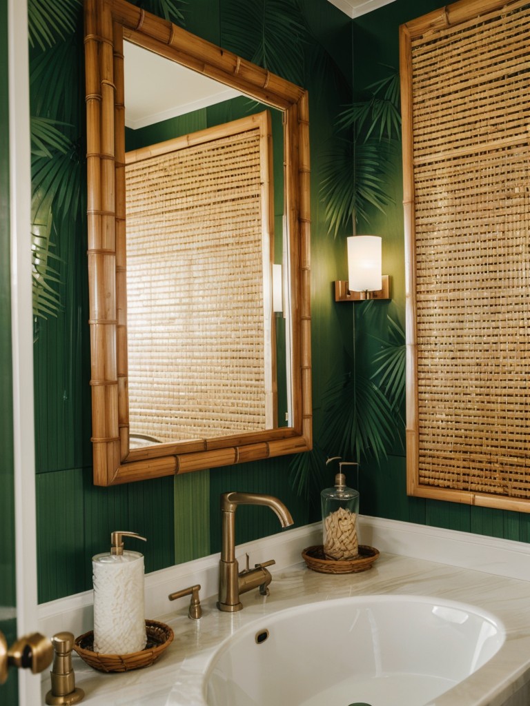 tropical-bathroom-oasis-palm-leaf-wallpaper-rattan-accents-bamboo-mirror-frame