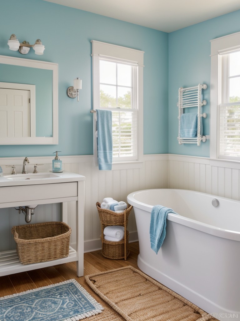coastal-bathroom-ideas-beachy-colors-seashell-accessories-relaxed-nautical-theme-utilizing-blue-white-color-scheme-wicker-baskets-rope-towel-holder