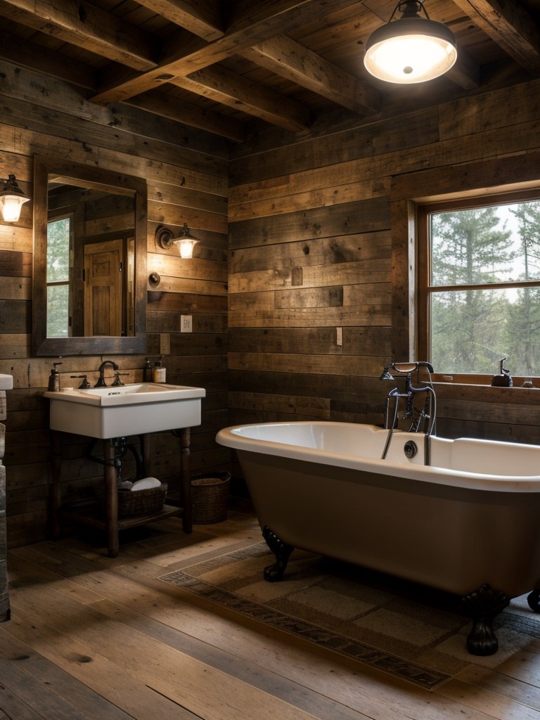 rustic-bathroom-ideas-reclaimed-wood-elements-stone-accents-cozy-cabin-like-atmosphere-featuring-clawfoot-tub-antique-light-fixtures