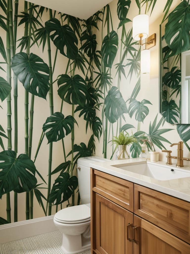 tropical-bathroom-ideas-bold-leaf-print-wallpaper-bamboo-accents-tropical-plants
