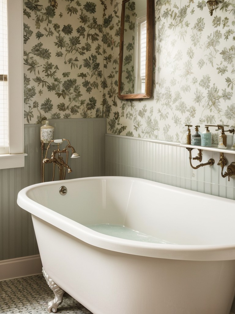 vintage-bathroom-ideas-retro-wallpaper-clawfoot-tub-antique-fixtures
