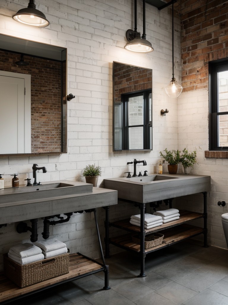industrial-bathroom-style-exposed-brick-walls-metal-fixtures-concrete-countertops-modern-urban-look