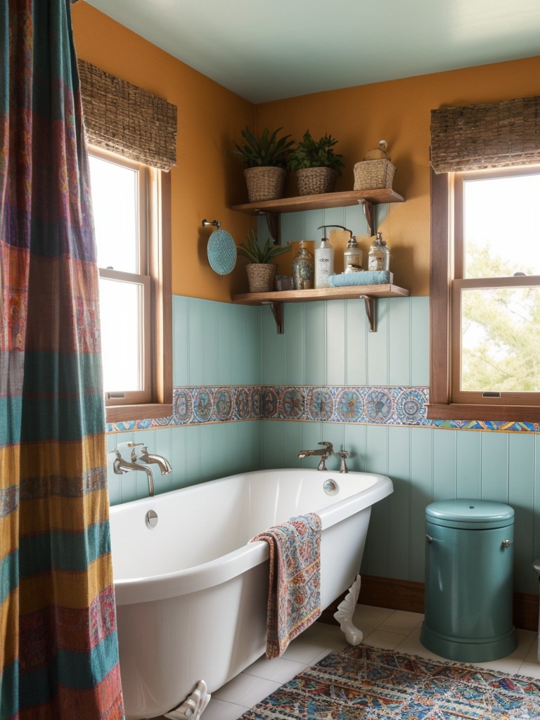 bohemian-inspired-bathroom-style-featuring-vibrant-colors-array-textures-mix-patterns-free-spirited-vibe