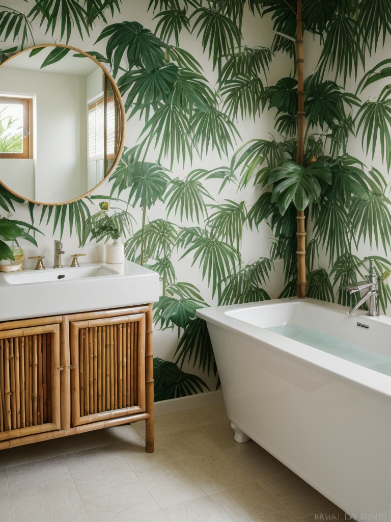 tropical-bathroom-ideas-vibrant-floral-wallpaper-bamboo-accents-tropical-plants-to-create-relaxing-island-getaway