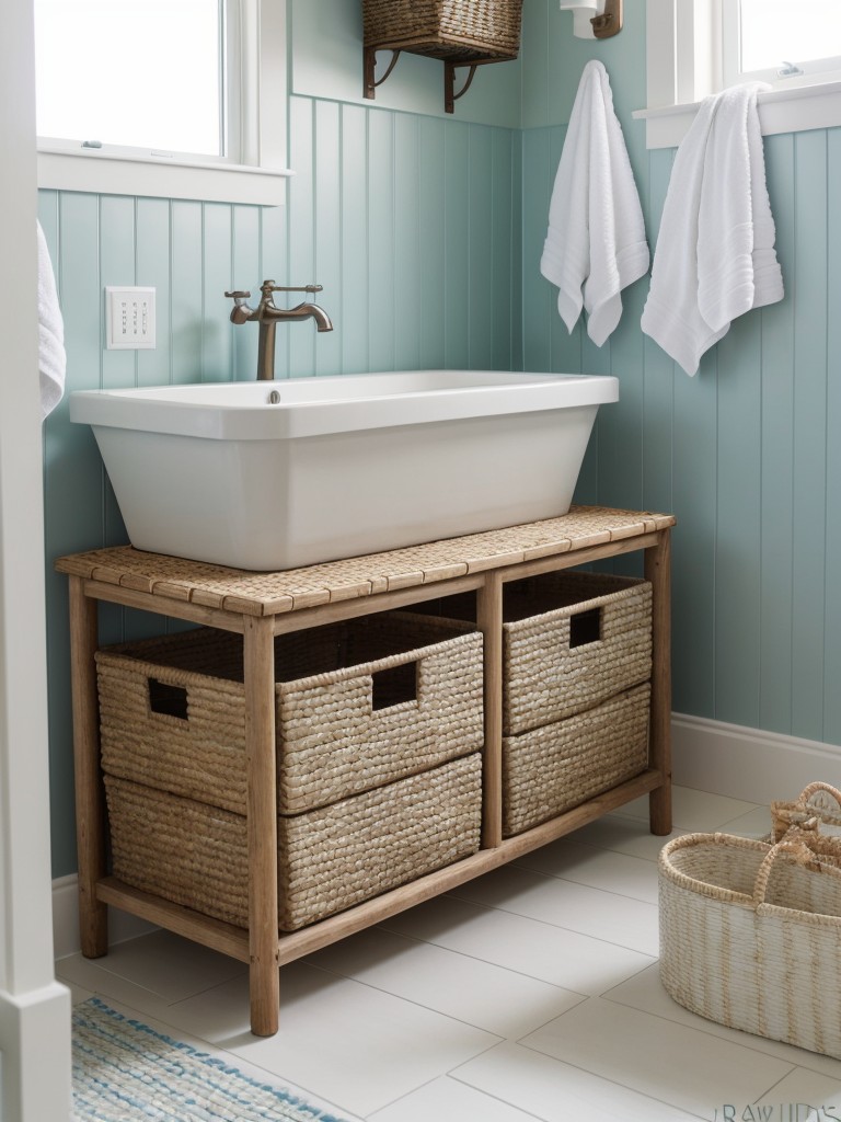 coastal-themed-bathroom-design-ideas-beachy-color-palette-nautical-accents-incorporating-woven-bins-rattan-shelves-coastal-storage-solution