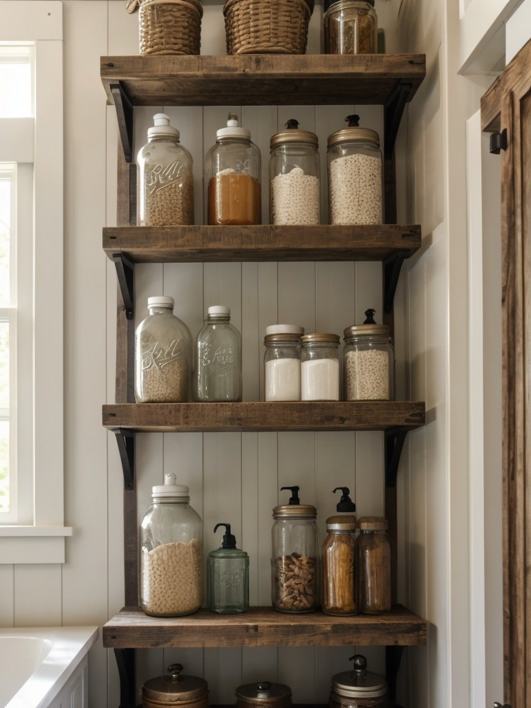 farmhouse-bathroom-design-ideas-vintage-inspired-fixtures-rustic-charm-utilizing-barn-wood-shelves-mason-jar-organizers-farmhouse-storage-solution