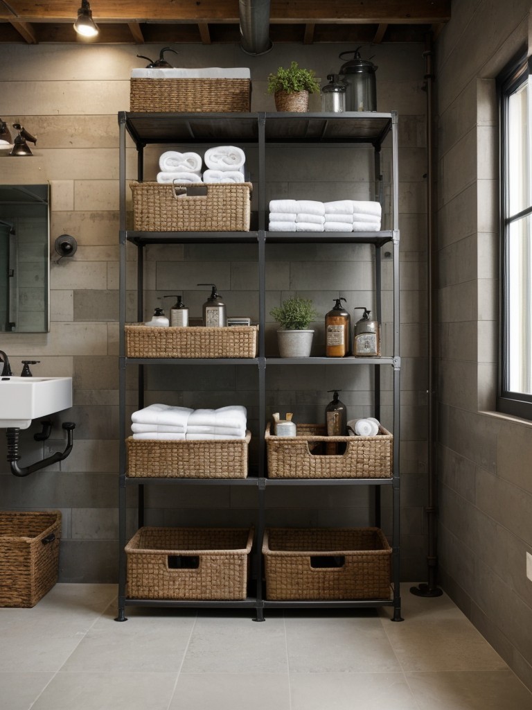 industrial-bathroom-design-ideas-exposed-plumbing-raw-materials-utilizing-metal-shelving-wire-baskets-rugged-storage-solution