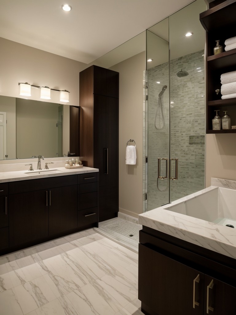 luxurious-bathroom-design-ideas-spa-like-atmosphere-featuring-freestanding-bathtub-mirrored-cabinets-recessed-shelving-elegant-storage-solution