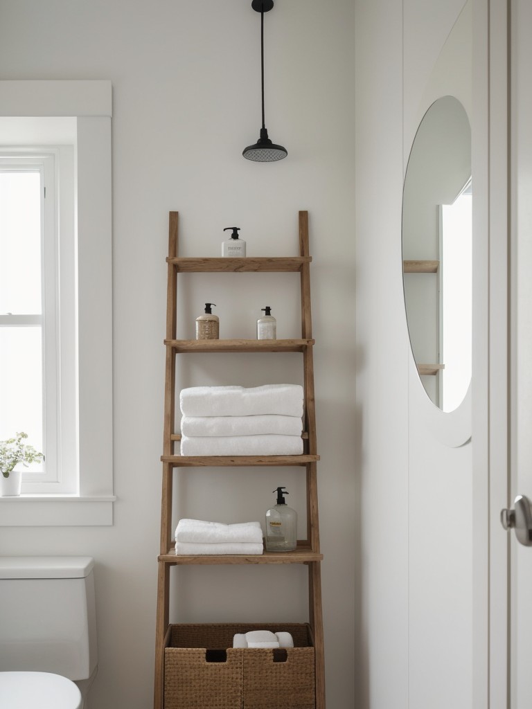 scandinavian-inspired-bathroom-design-ideas-clean-minimalist-aesthetic-incorporating-wall-mounted-cabinets-ladder-shelves-functional-storage-solution