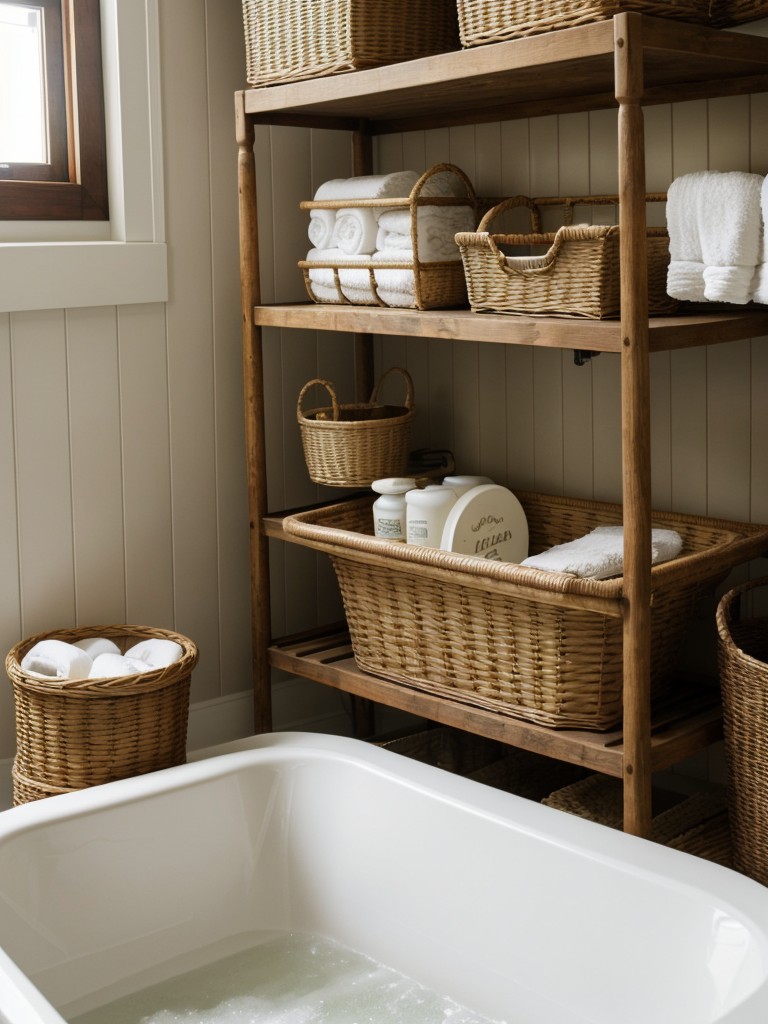 vintage-inspired-bathroom-design-ideas-clawfoot-tub-antique-vanity-incorporating-open-shelving-wicker-baskets-charming-storage-solution