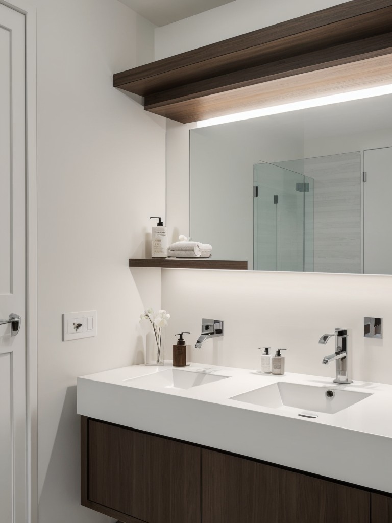 minimalist-bathroom-ideas-monochromatic-color-scheme-sleek-streamlined-fixtures-using-recessed-lighting-floating-shelves-clean-aesthetic