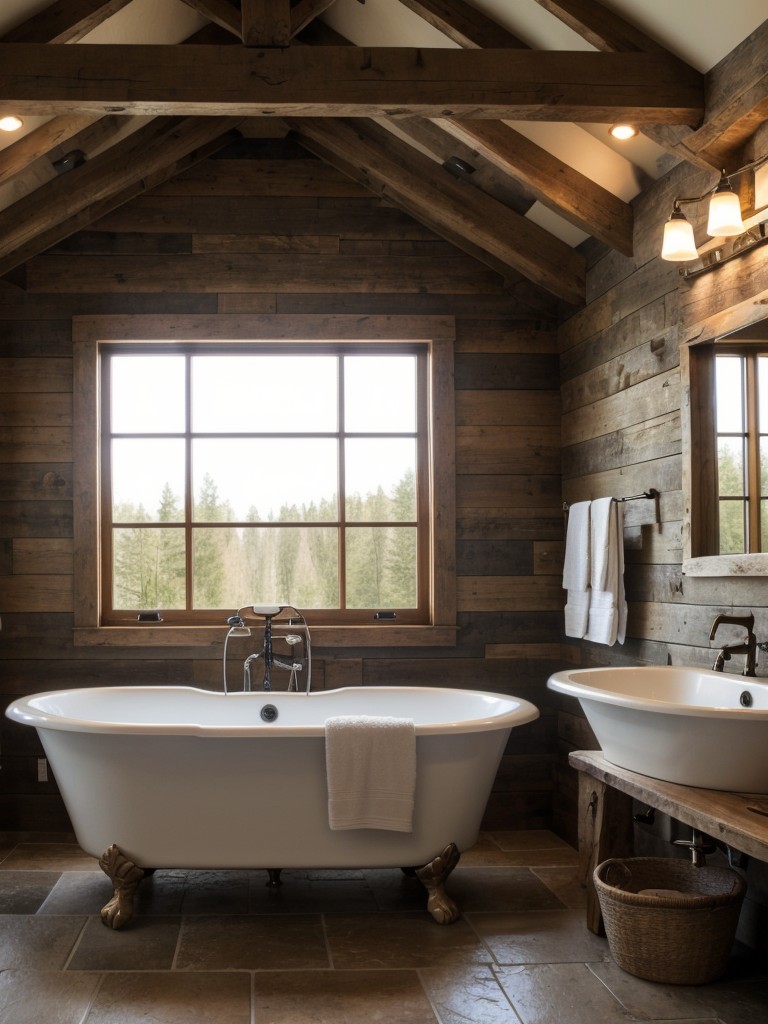 rustic-bathroom-ideas-natural-wood-elements-stone-accents-incorporating-clawfoot-tub-exposed-beams-cozy-feel