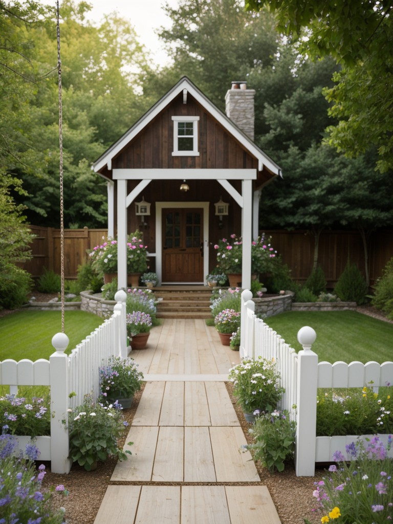 traditional-backyard-design-ideas-charming-cottage-feel-including-picket-fence-classic-wooden-swing-garden-filled-blooming-flowers