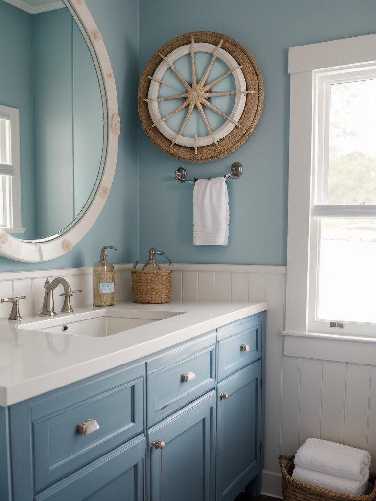 coastal-bathroom-ideas-nautical-decor-calming-blue-tones-seashell-accents-using-ship-wheel-mirror-beach-inspired-artwork