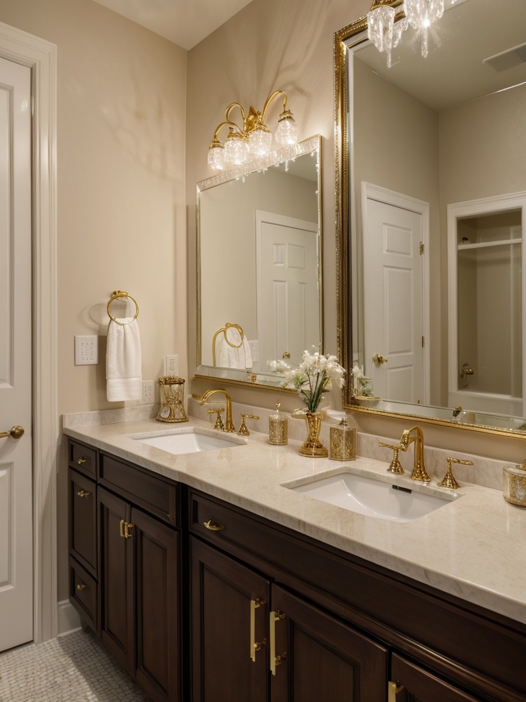 glamorous-bathroom-ideas-gold-accents-extravagant-details-touch-sparkle-utilizing-crystal-chandelier-mirrored-vanity