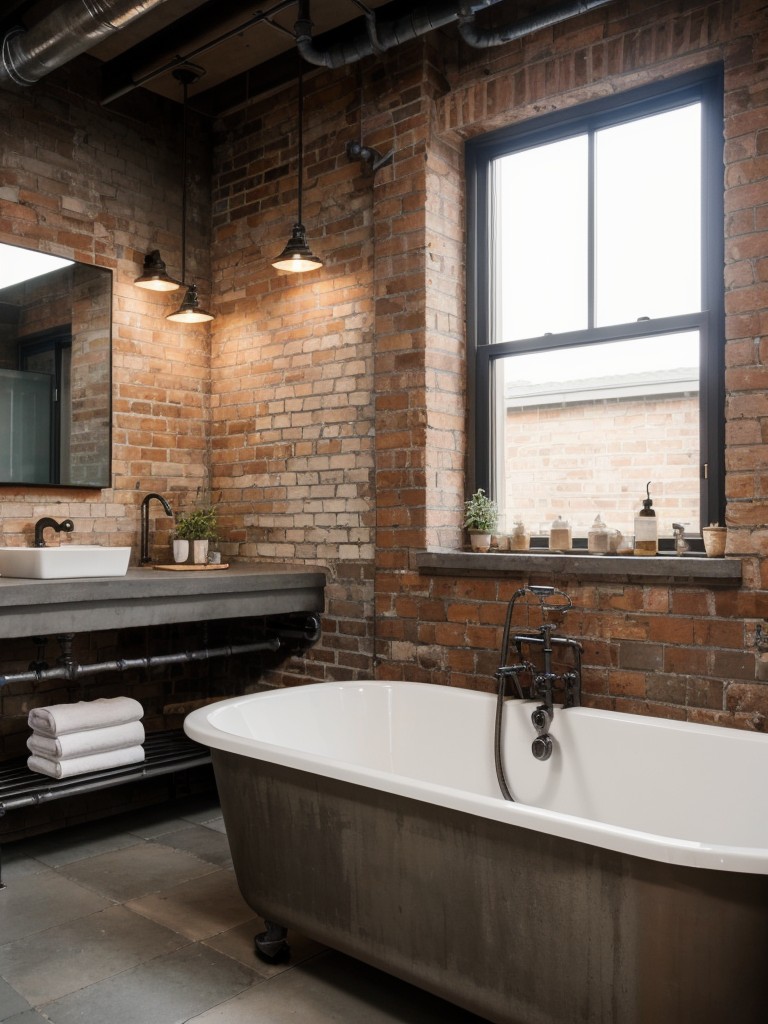 industrial-bathroom-ideas-exposed-brick-walls-metal-fixtures-raw-rugged-aesthetic-utilizing-pipe-towel-racks-concrete-countertops