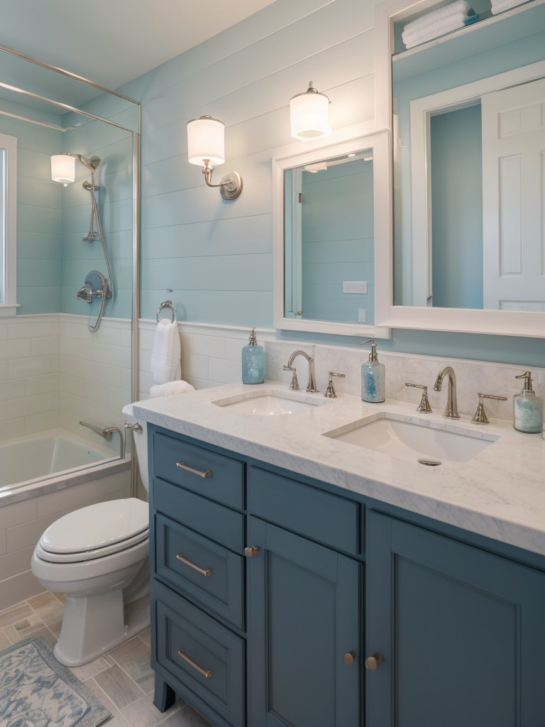 coastal-bathroom-ideas-nautical-decor-soothing-blue-color-palette-seashell-accents