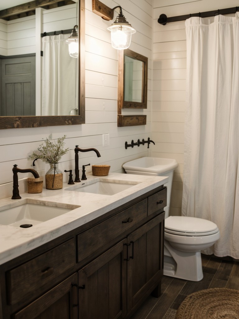 farmhouse-bathroom-ideas-shiplap-walls-farmhouse-sinks-vintage-light-fixtures-cozy-rustic-feel