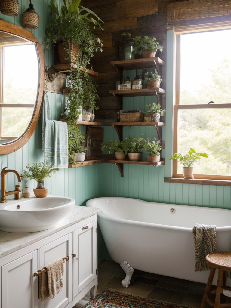 bohemian-bathroom-ideas-bright-eclectic-colors-mixed-patterns-abundance-plants-natural-materials