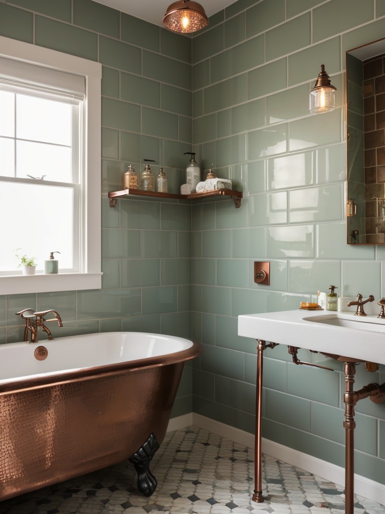 eclectic-bathroom-ideas-that-mix-match-different-design-styles-materials-such-colorful-mosaic-tile-backsplash-freestanding-copper-bathtub-industrial-i