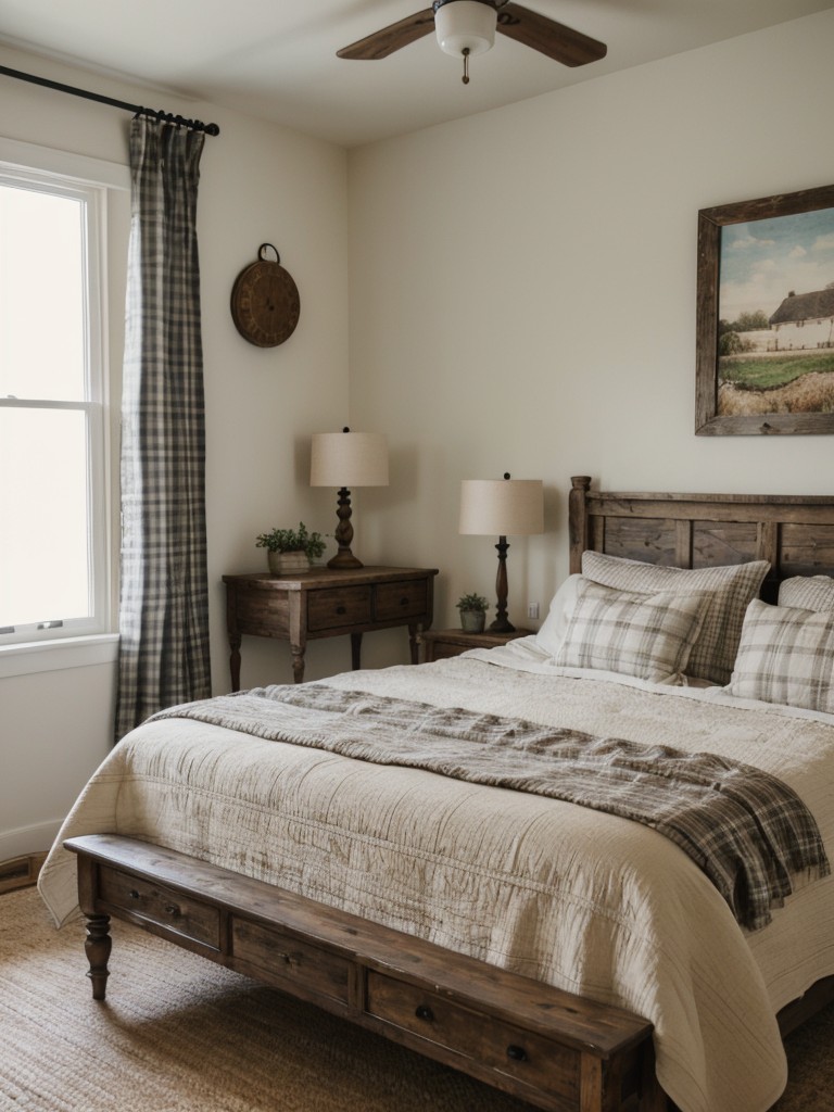 farmhouse-inspired-bedroom-distressed-wood-accents-cozy-textiles-like-quilts-plaid-vintage-decor-warm-inviting-feel