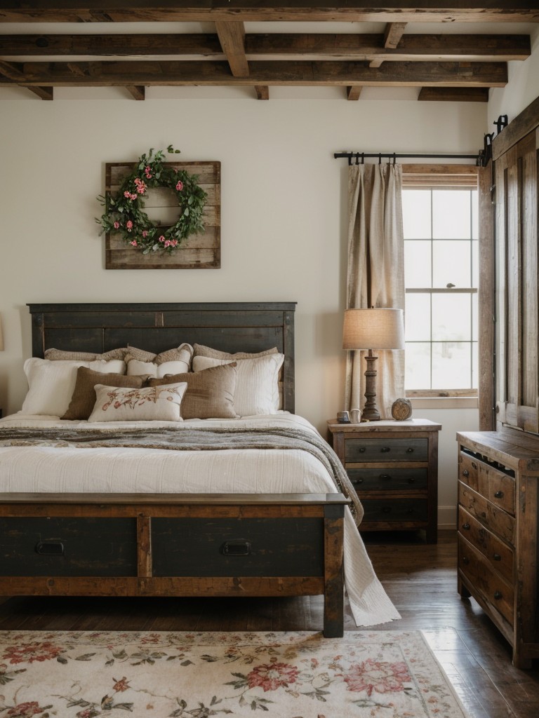 farmhouse-bedroom-ideas-mix-vintage-industrial-elements-reclaimed-wood-furniture-floral-patterns-adding-touch-rustic-charm