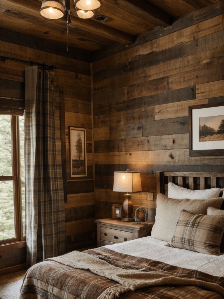 rustic-bedroom-ideas-earthy-tones-wood-paneling-cozy-textiles-like-faux-fur-rug-plaid-blankets-creating-warm-inviting-atmosphere