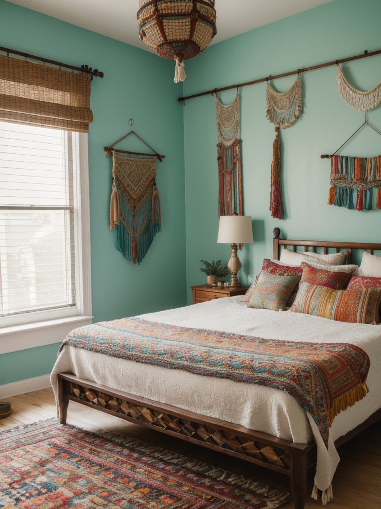 bohemian-bedroom-ideas-eclectic-decor-vibrant-colors-using-macrame-wall-hangings-patterned-textiles-layered-rugs