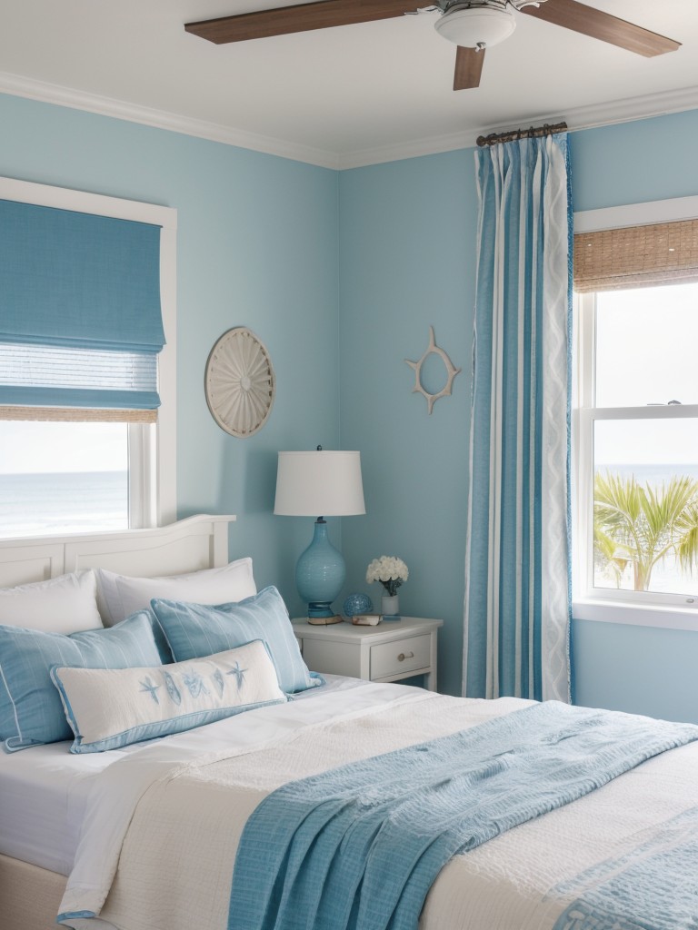 coastal-bedroom-ideas-beachy-vibe-soothing-blue-hues-using-nautical-accents-seashell-decor-breezy-curtains