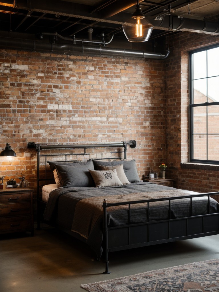 industrial-bedroom-ideas-raw-edgy-aesthetic-using-exposed-brick-walls-metal-accents-vintage-factory-inspired-lighting