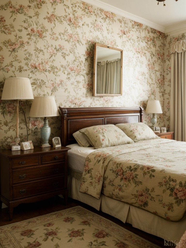 vintage-bedroom-ideas-nostalgic-vibe-retro-elements-using-antique-furniture-floral-wallpaper-vintage-inspired-textiles