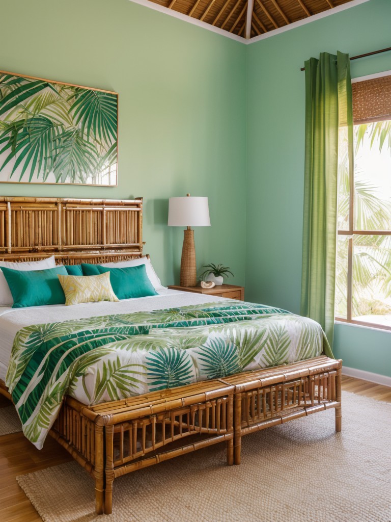 tropical-themed-bedroom-ideas-vibrant-palm-leaf-patterns-bamboo-accents-beachy-color-palette