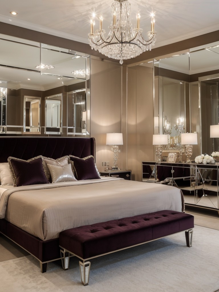 luxurious-hollywood-glam-bedroom-ideas-mirrored-furniture-velvet-upholstery-crystal-chandeliers