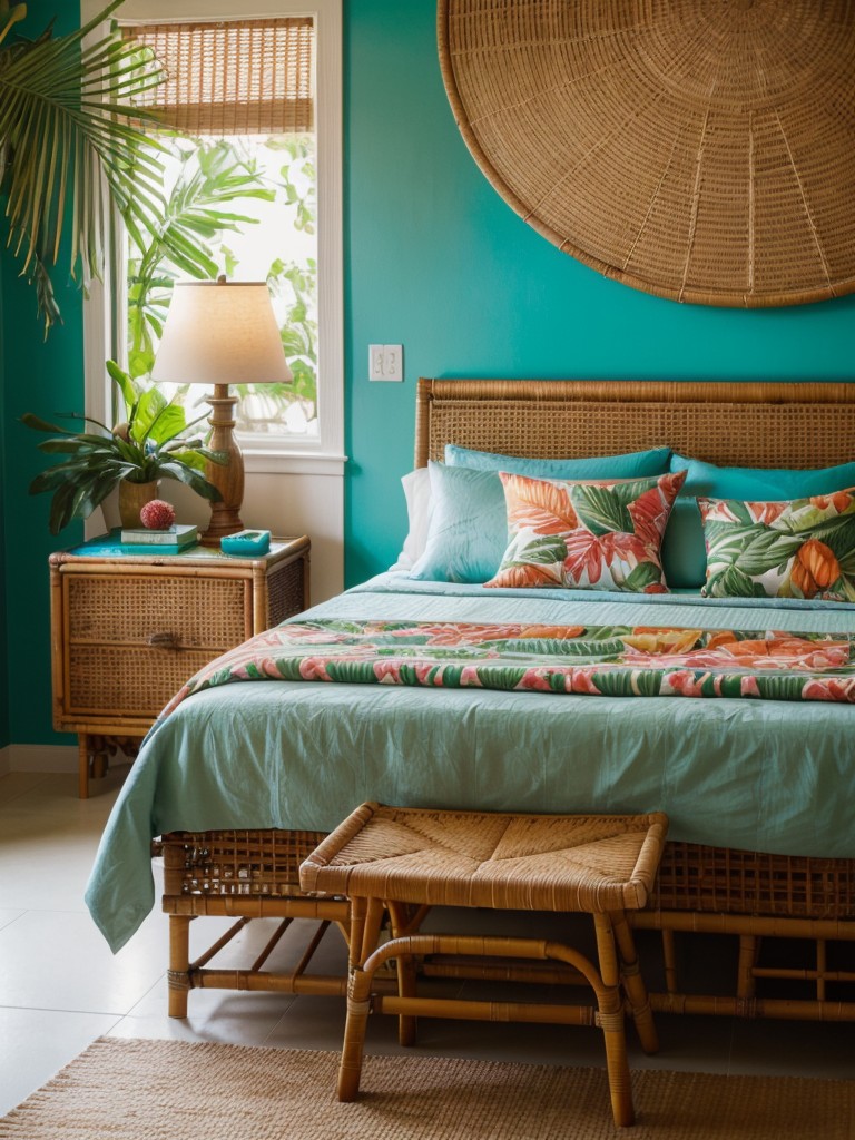 tropical-bedroom-ideas-vibrant-colors-tropical-prints-rattan-furniture