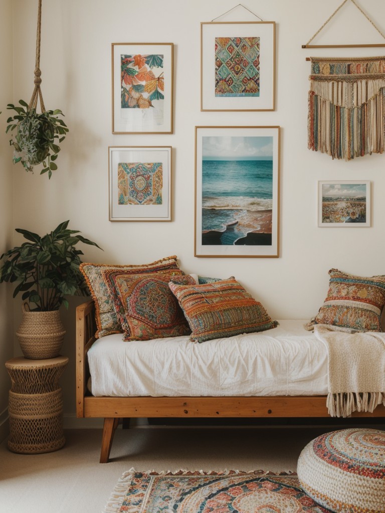 bohemian-inspired-bedroom-ideas-vibrant-colors-textured-fabrics-mix-patterns-accentuated-hanging-macrame-chair-mismatched-gallery-wall-artwork-photogr