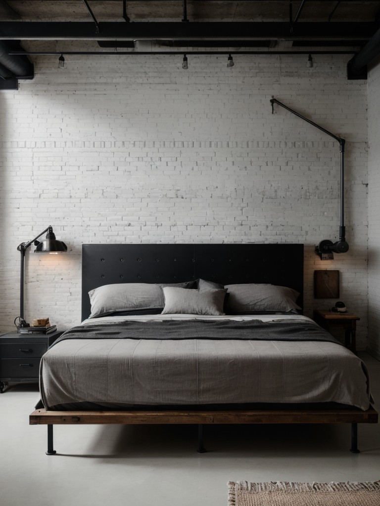 modern-industrial-bedroom-ideas-exposed-brick-walls-metal-finishes-monochromatic-color-scheme-coupled-sleek-platform-bed-industrial-lighting-fixtures