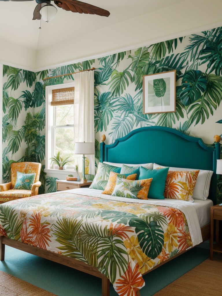 tropical-themed-bedroom-ideas-bright-colors-tropical-prints-natural-textures