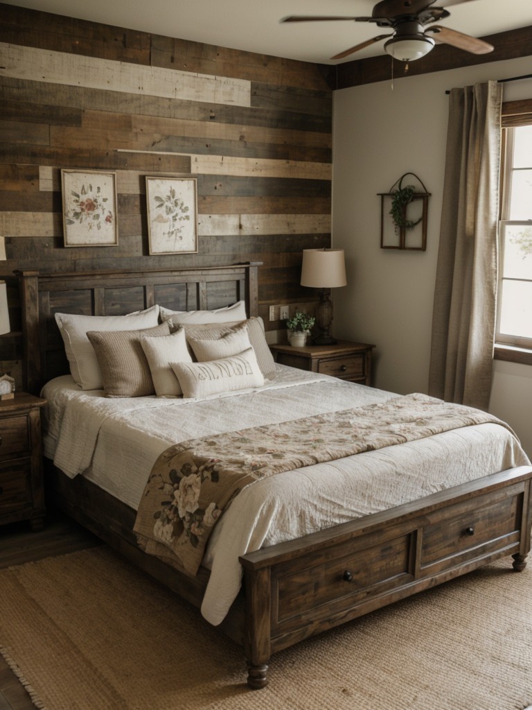 farmhouse-bedroom-ideas-distressed-wood-furniture-floral-patterns-lots-cozy-layers-charming-rustic-feel