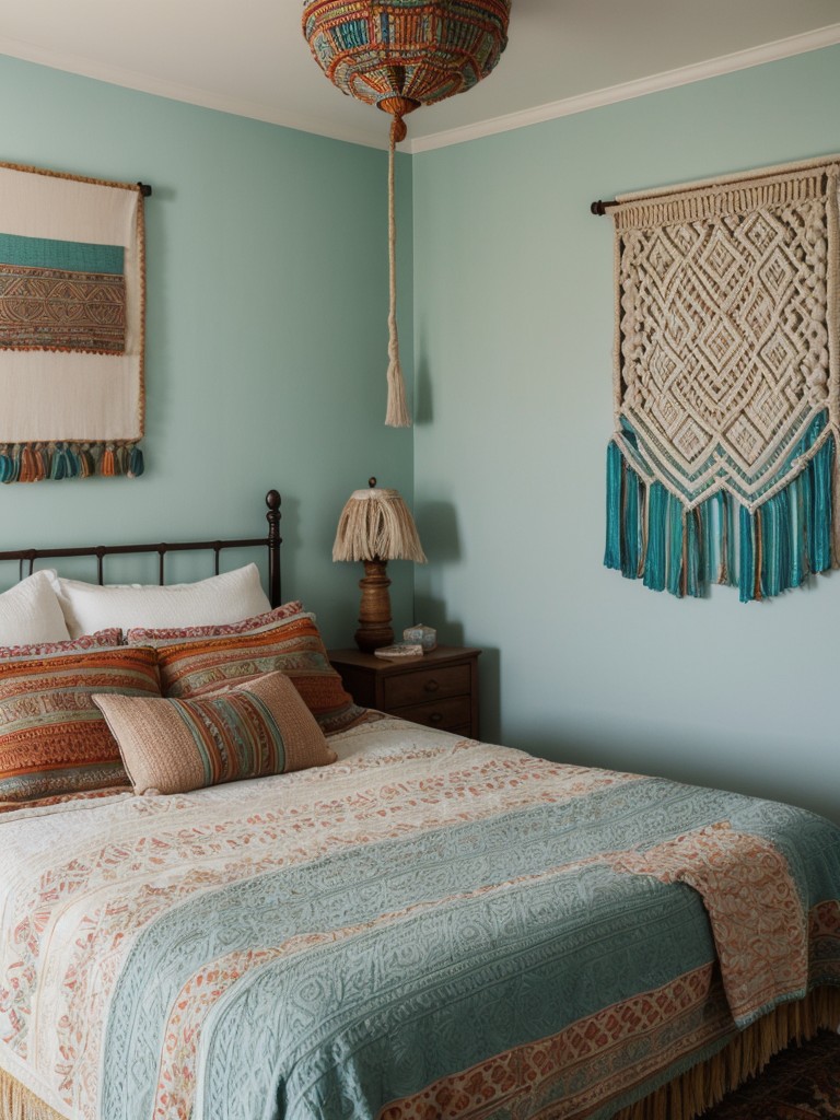 bohemian-bedroom-ideas-vibrant-color-palette-layered-textures-incorporating-macrame-wall-hangings-mix-patterned-bedding