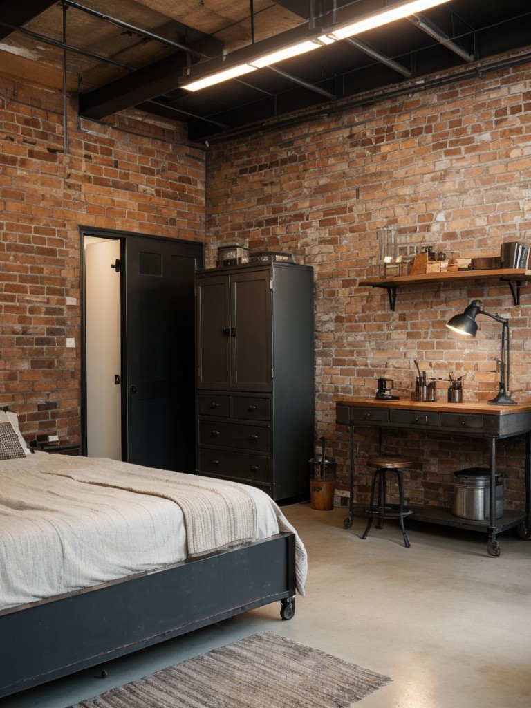 industrial-bedroom-ideas-grungy-color-scheme-exposed-brick-walls-incorporating-metal-furniture-vintage-lighting-fixtures