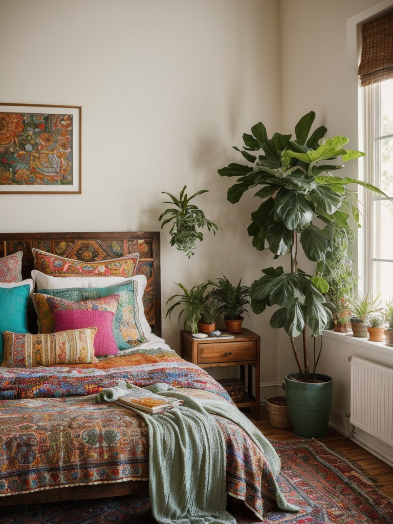 bohemian-bedroom-ideas-eclectic-patterns-vibrant-colors-plenty-plants-free-spirited-cozy-retreat