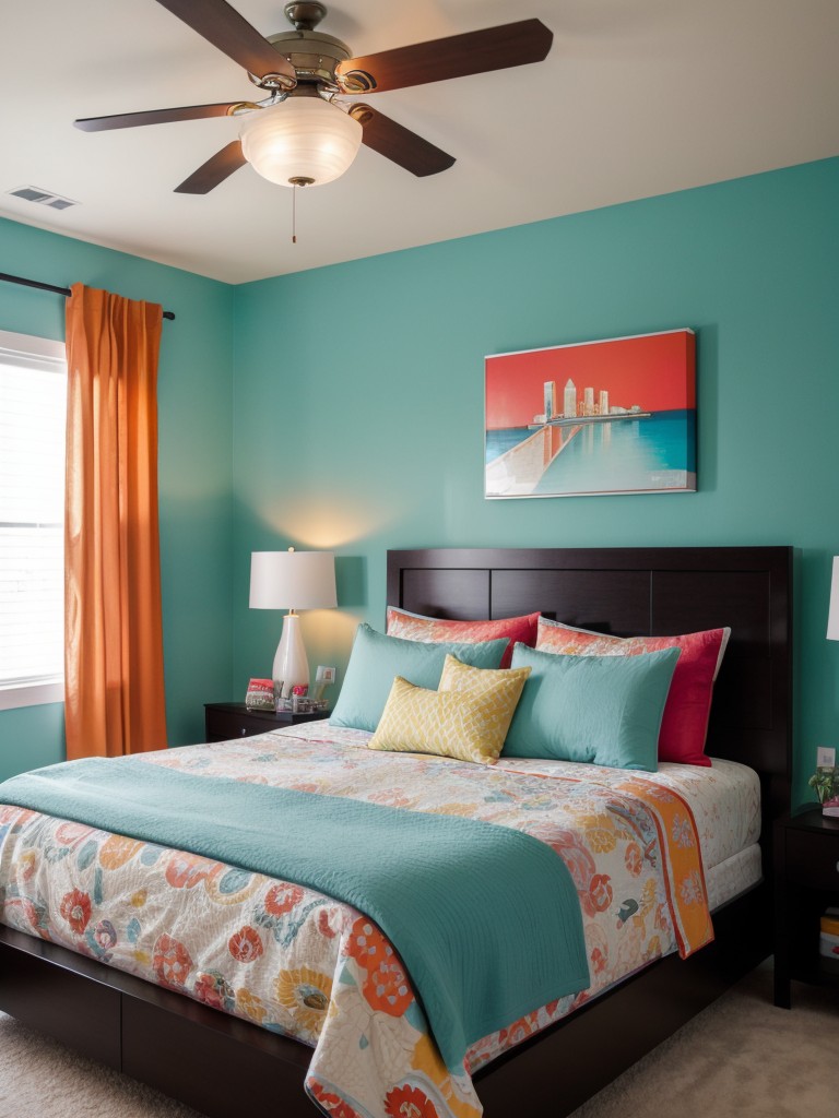 vibrant-bold-bedroom-ideas-bright-accent-walls-statement-artwork-colorful-bedding