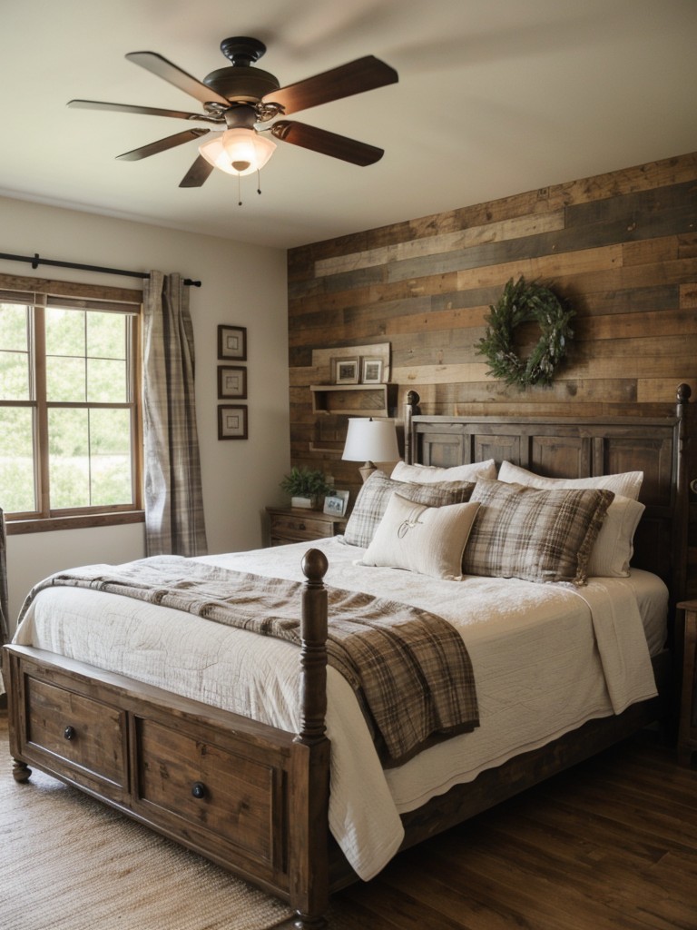 farmhouse-bedroom-ideas-rustic-accents-distressed-wood-furniture-cozy-plaid-textiles-cozy-charming-look