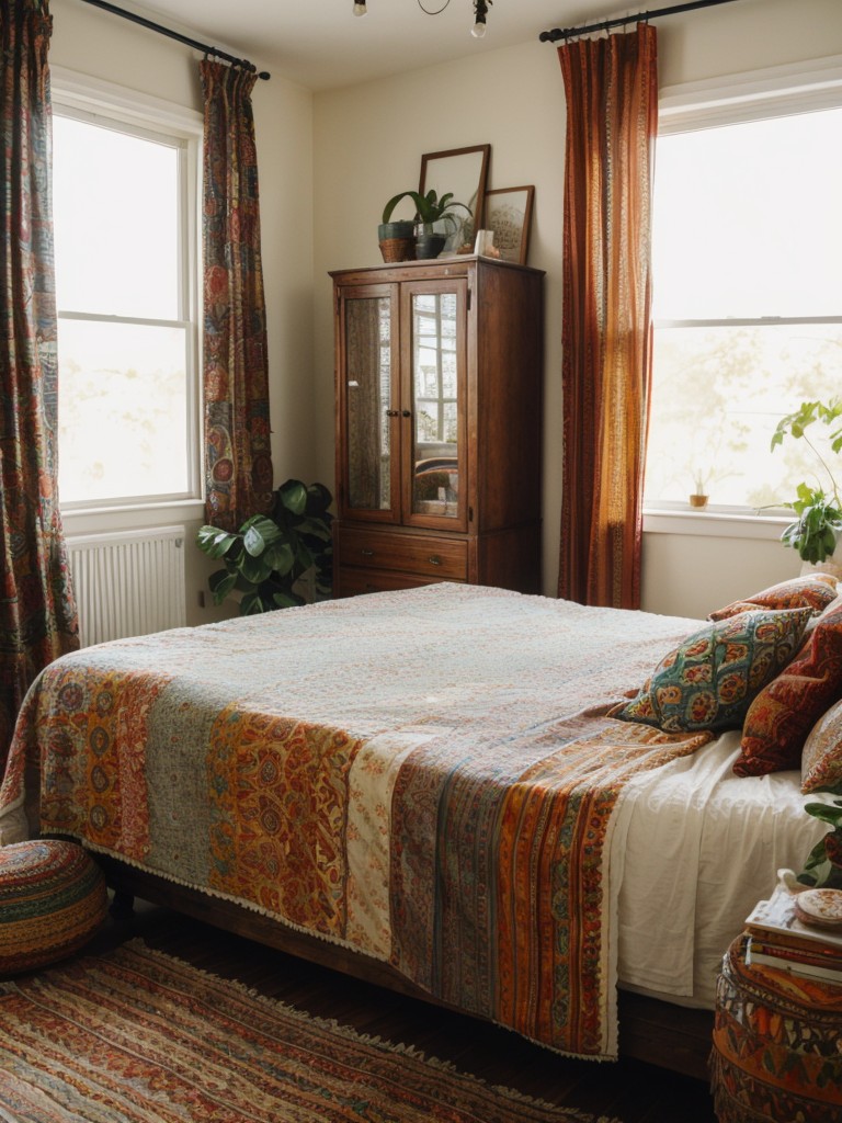 bohemian-bedroom-ideas-vibrant-patterns-layered-textiles-mix-vintage-handmade-furniture-relaxed-eclectic-feel