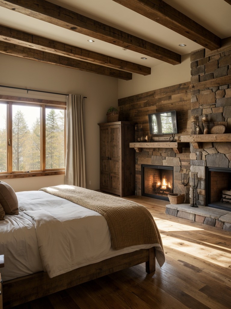 rustic-bedroom-ideas-exposed-wood-beams-cozy-fireplace-earthy-color-palette