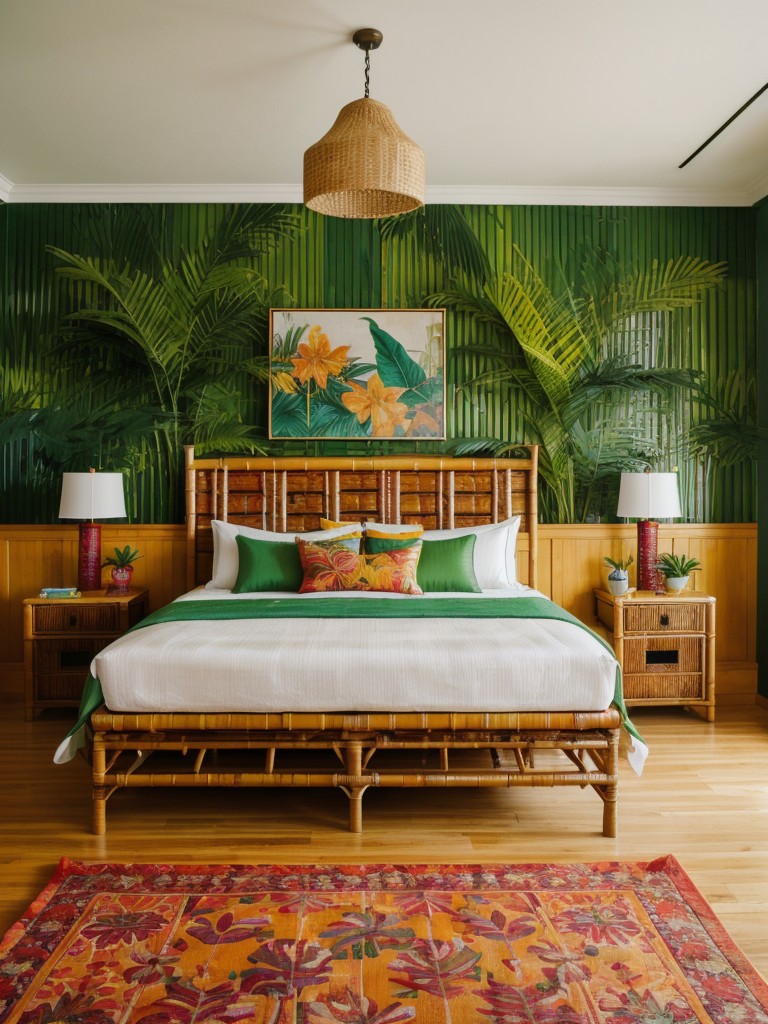 tropical-bedroom-ideas-bright-exotic-elements-such-bold-prints-vibrant-colors-natural-textures-like-bamboo-rattan-furniture