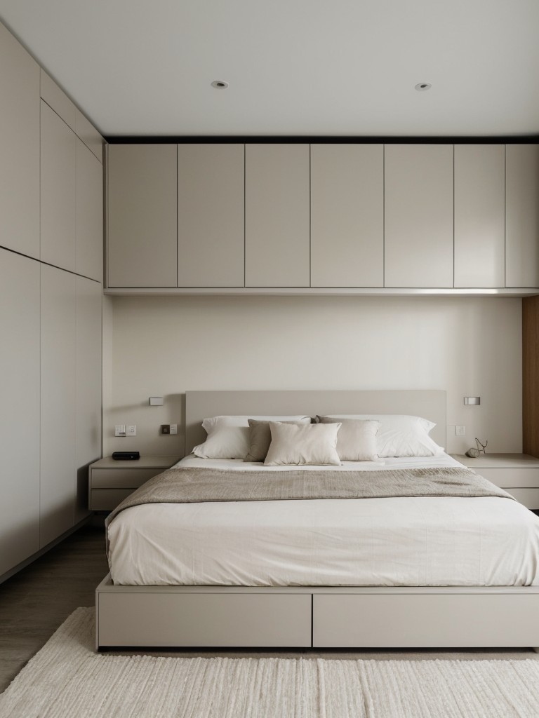 minimalist-bedroom-ideas-neutral-color-palette-sleek-furniture-using-platform-bed-built-storage-simple-artwork